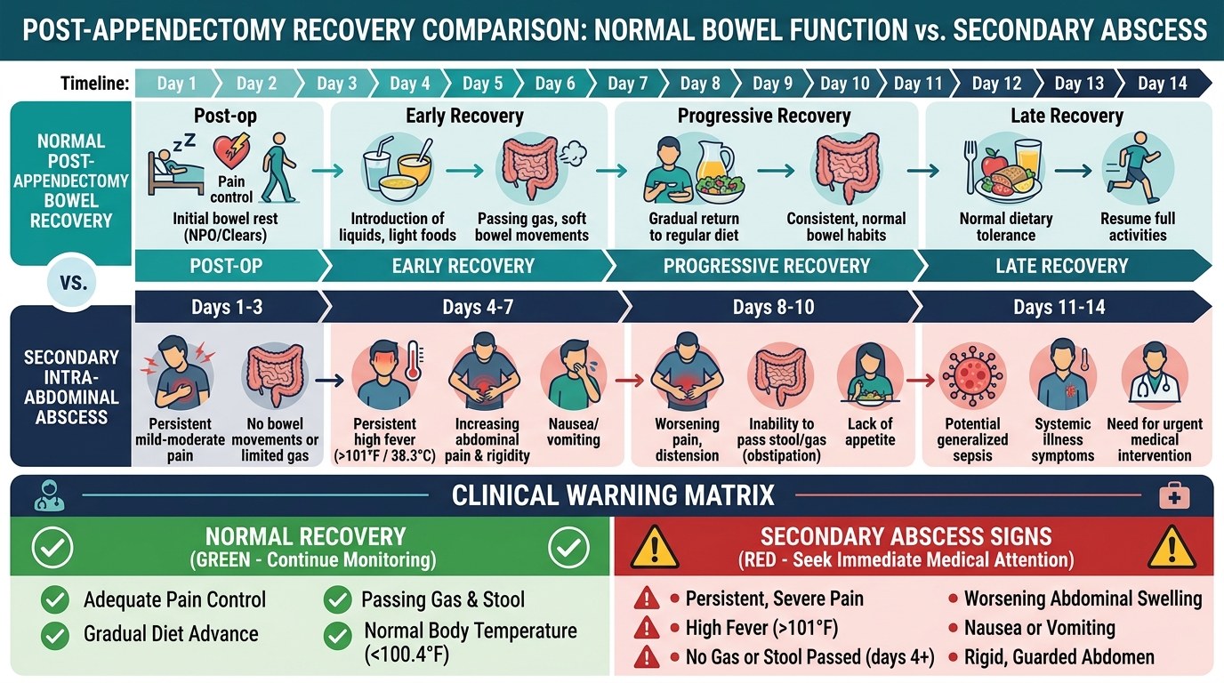 Post appendectomy recovery timeline and clinical warning matrix comparing normal bowel recovery vs abscess