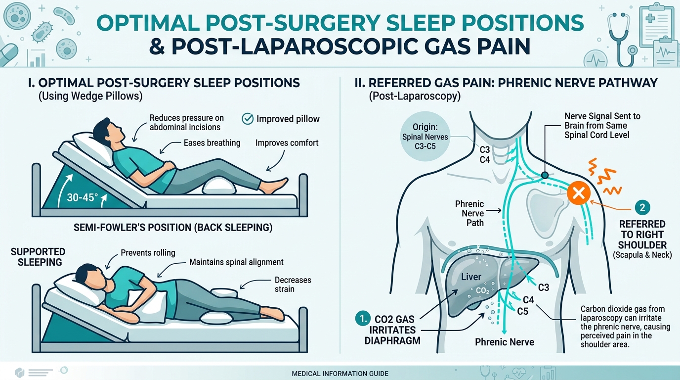 Optimal post surgery sleep positions using wedge pillow and phrenic nerve pathway diagram