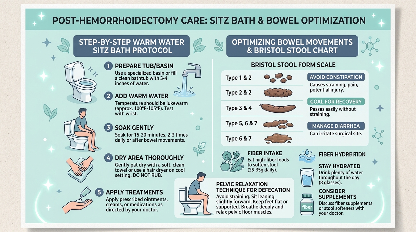 Step by step sitz bath protocol and Bristol stool chart optimization after hemorrhoid surgery
