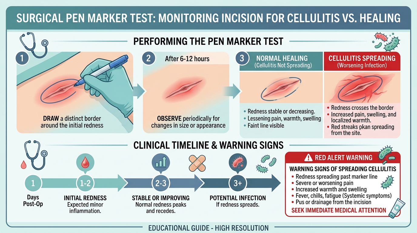 Surgical pen marker test for monitoring incision cellulitis versus normal healing